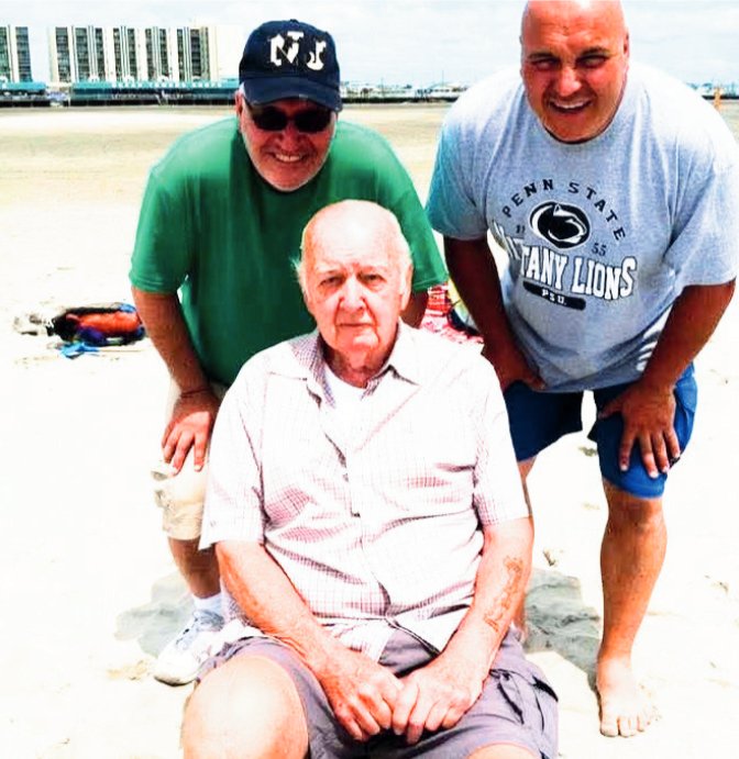 Stan Svetovich is shown seven years ago at the age of 86 on the beach in Wildwood, NY, flanked by his sons Steve, at left, and George, at right.